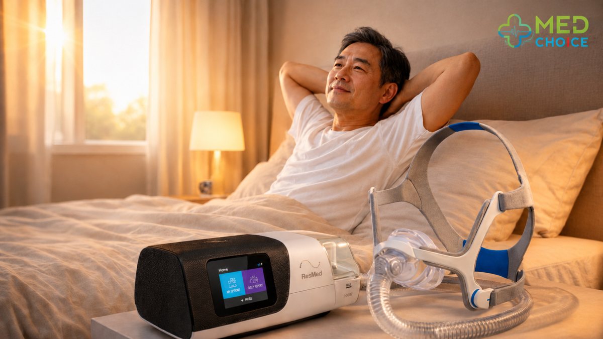 ผู้ใช้เครื่อง CPAP ตื่นมาสดชื่นในตอนเช้า พร้อมเครื่อง CPAP และหน้ากากข้างเตียง
